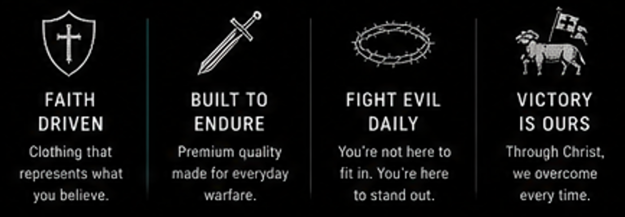 Features: Faith Driven, Built to Endure, Fight Evil Daily, Victory Is Ours